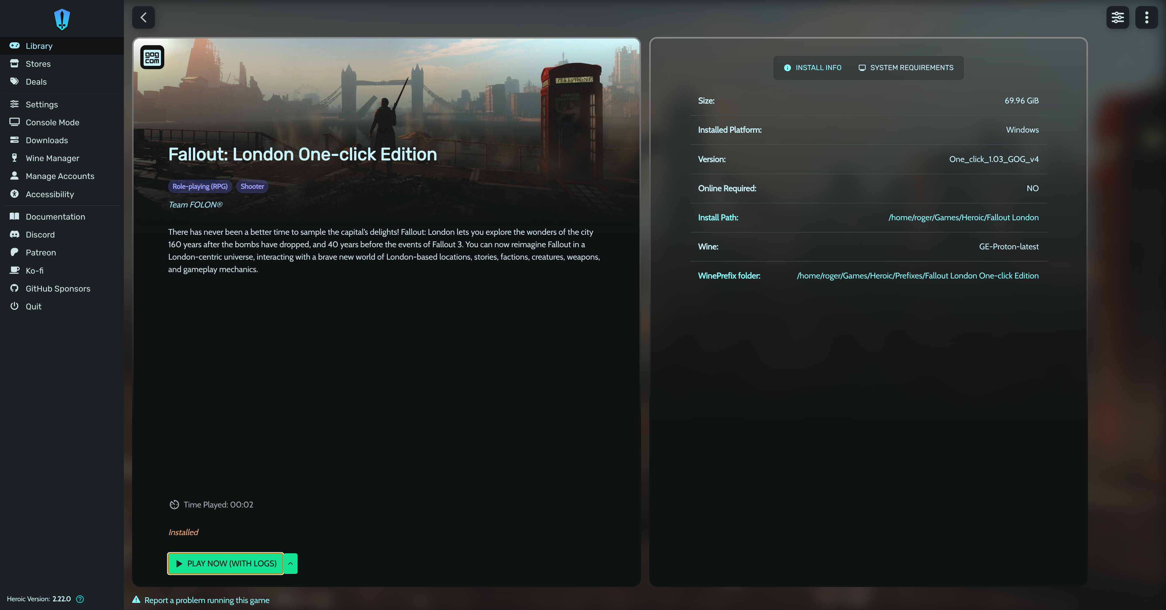Fallout London in Heroic Games Launcher