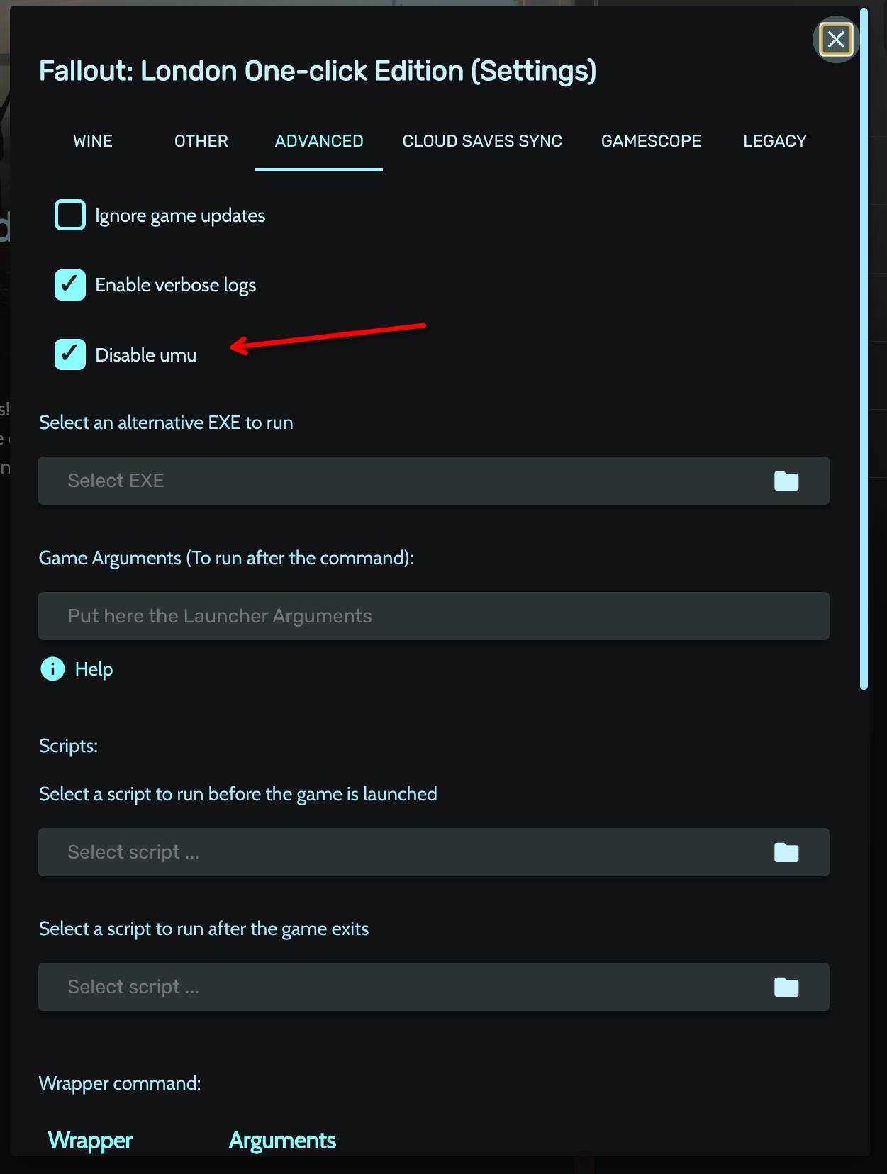 Heroic advanced settings showing Disable UMU option